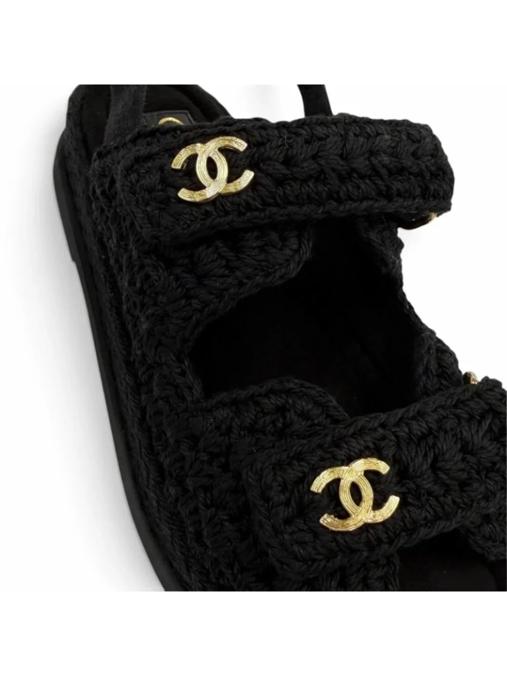 Chanel Suede Leather CC Logo Velcro Knit Sandals Black